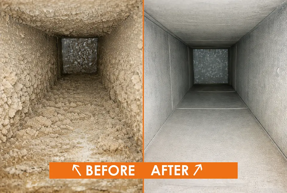 A customer's air duct before Cherokee Services and after our thorough cleaning.